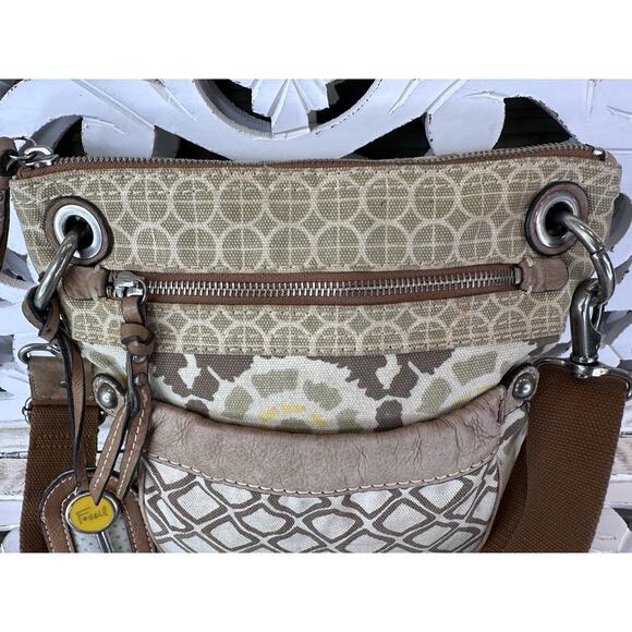 FOSSIL KEYPER Canvas & Leather LINEN / TAN / LEMON Crossbody Messenger Bag - Picture 6 of 14